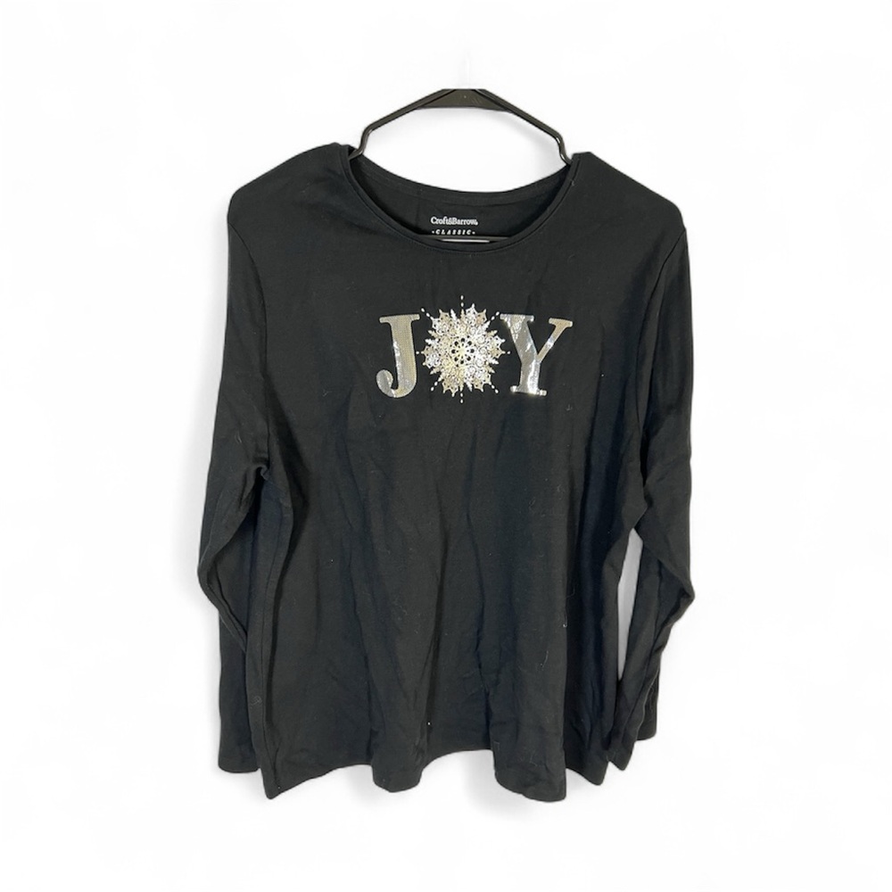 Croft & Barrow Black Long Sleeve Top with Silver Joy Lettering Size 1X